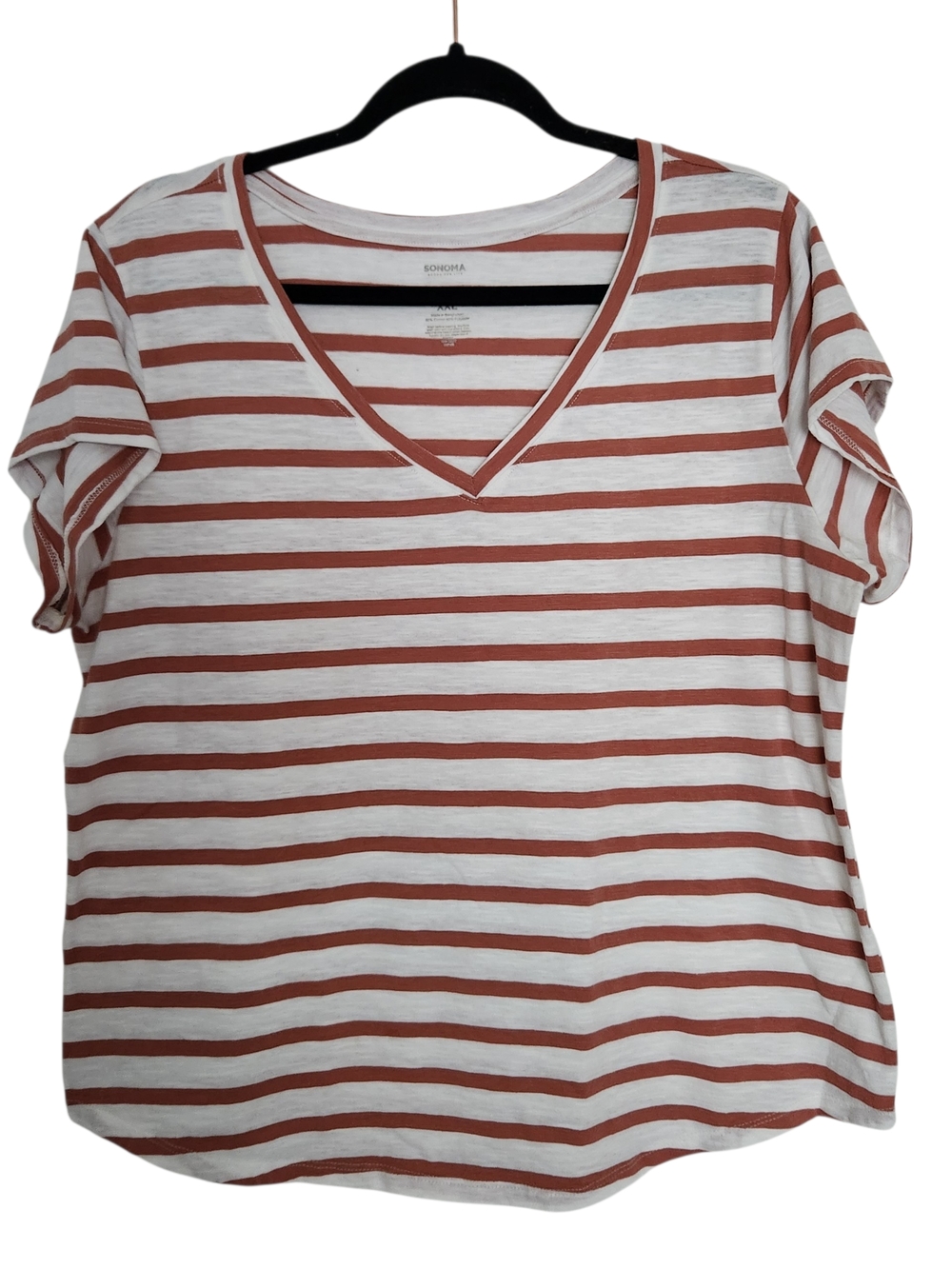 Sonoma Womens Everyday Tee White and Rust Stripe V-Neck Size XXL